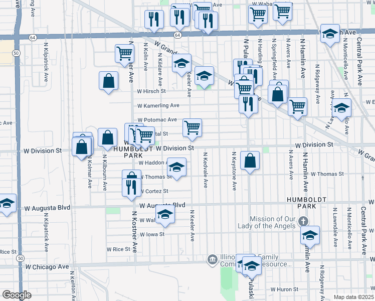 map of restaurants, bars, coffee shops, grocery stores, and more near 4219 West Division Street in Chicago