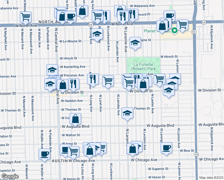 map of restaurants, bars, coffee shops, grocery stores, and more near 5240 West Division Street in Chicago