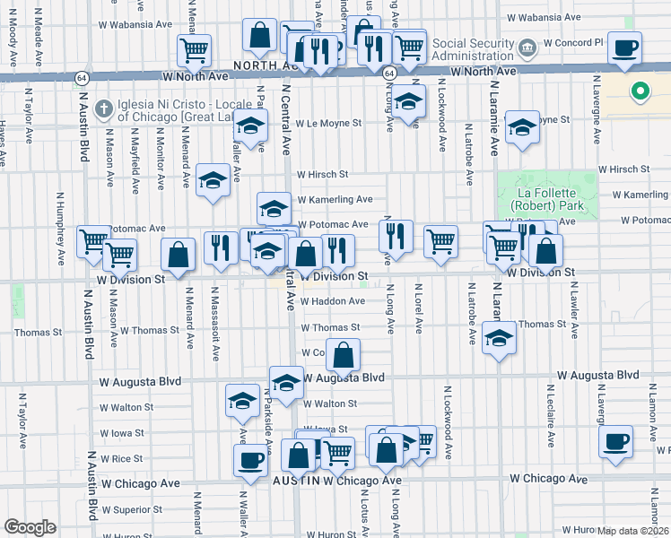 map of restaurants, bars, coffee shops, grocery stores, and more near 5468 West Division Street in Chicago