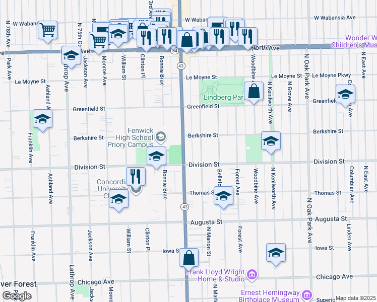 map of restaurants, bars, coffee shops, grocery stores, and more near 1221 North Harlem Avenue in Oak Park