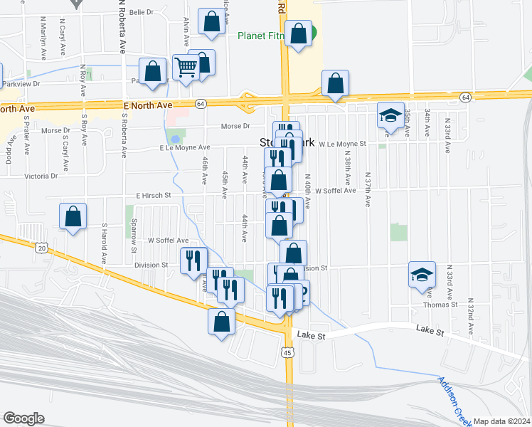 map of restaurants, bars, coffee shops, grocery stores, and more near 1647 43rd Avenue in Stone Park