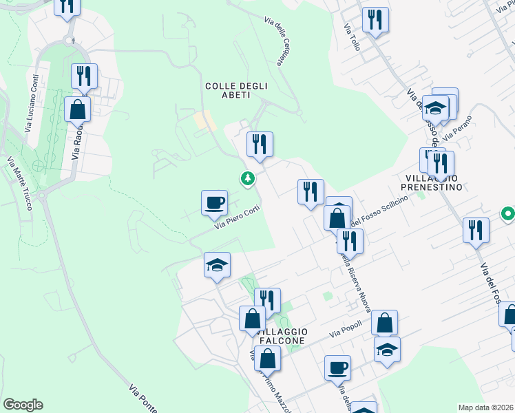 map of restaurants, bars, coffee shops, grocery stores, and more near 100 Via Piero Corti in Città metropolitana di Roma Capitale