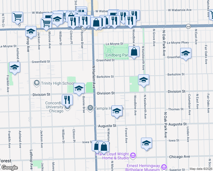 map of restaurants, bars, coffee shops, grocery stores, and more near 922 North Marion Street in Oak Park