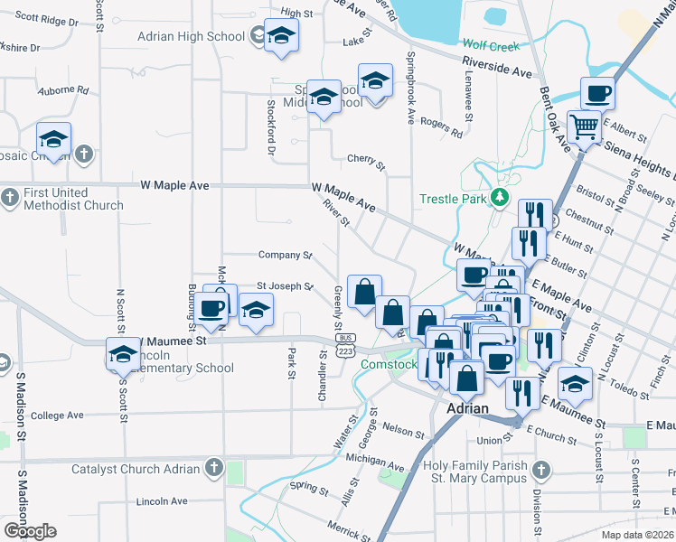 map of restaurants, bars, coffee shops, grocery stores, and more near 317 Greenly Street in Adrian