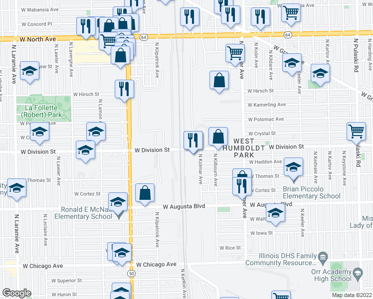 map of restaurants, bars, coffee shops, grocery stores, and more near 4533 West Division Street in Chicago