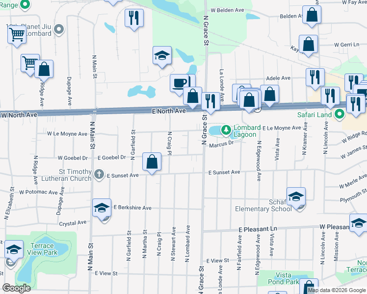map of restaurants, bars, coffee shops, grocery stores, and more near 650 North Lombard Avenue in Lombard