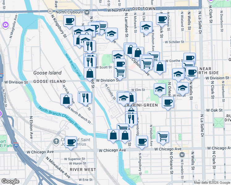 map of restaurants, bars, coffee shops, grocery stores, and more near 645 West Elm Street in Chicago
