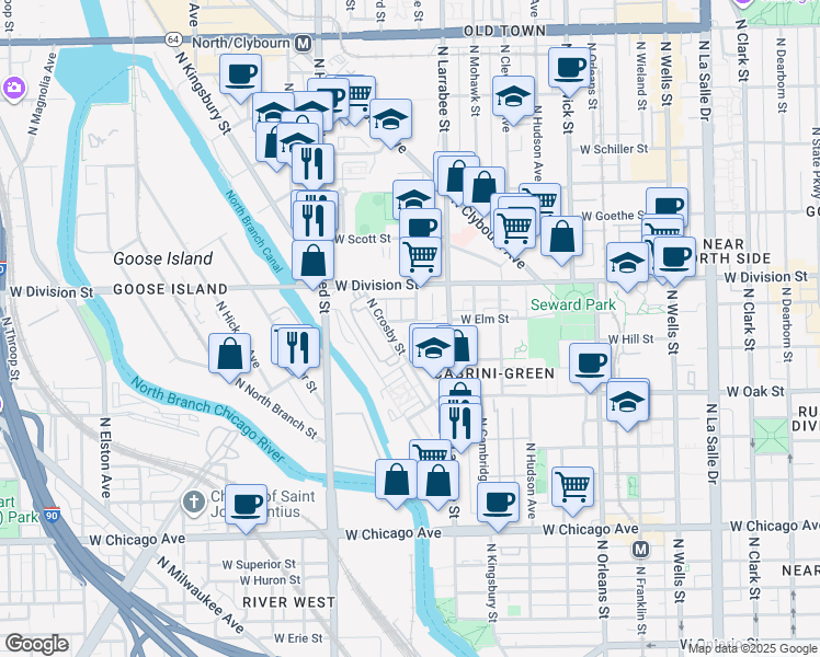 map of restaurants, bars, coffee shops, grocery stores, and more near 645 West Elm Street in Chicago