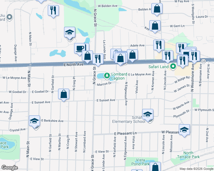 map of restaurants, bars, coffee shops, grocery stores, and more near 435 Marcus Drive in Lombard