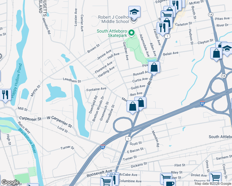 map of restaurants, bars, coffee shops, grocery stores, and more near 255 Mendon Road in Attleboro