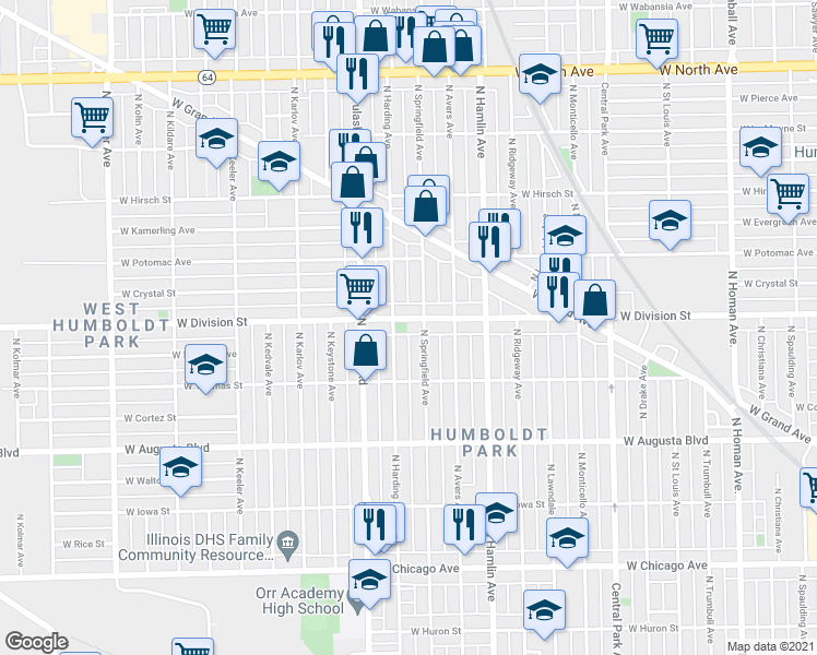 map of restaurants, bars, coffee shops, grocery stores, and more near 3913 West Division Street in Chicago