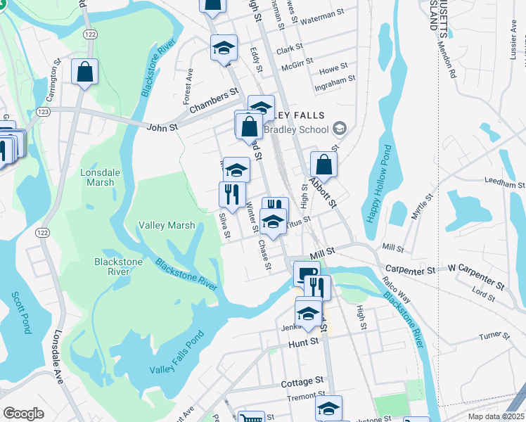 map of restaurants, bars, coffee shops, grocery stores, and more near 130 Broad Street in Cumberland