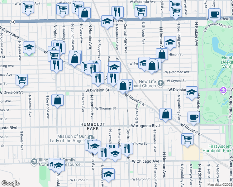 map of restaurants, bars, coffee shops, grocery stores, and more near in Chicago