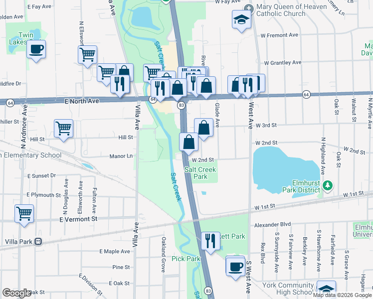 map of restaurants, bars, coffee shops, grocery stores, and more near 187 Illinois 83 in Elmhurst