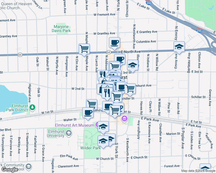 map of restaurants, bars, coffee shops, grocery stores, and more near 168 North Addison Avenue in Elmhurst