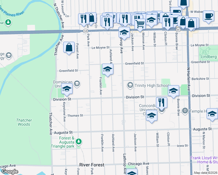 map of restaurants, bars, coffee shops, grocery stores, and more near 1228 Ashland Avenue in River Forest