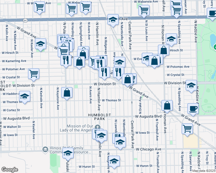 map of restaurants, bars, coffee shops, grocery stores, and more near 3725 West Division Street in Chicago
