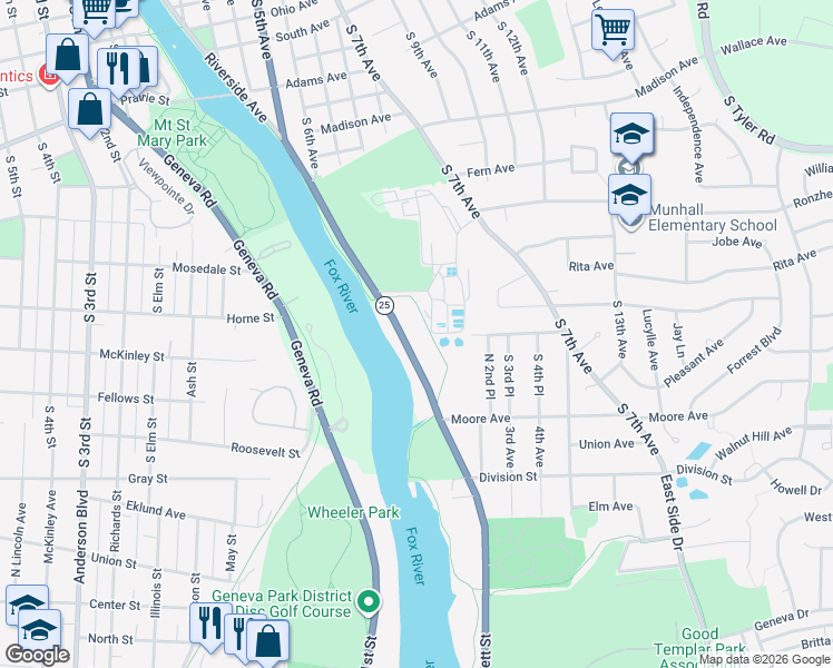 map of restaurants, bars, coffee shops, grocery stores, and more near 1602 Riverside Avenue in St. Charles