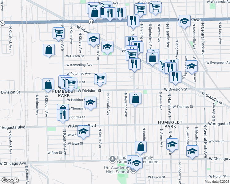 map of restaurants, bars, coffee shops, grocery stores, and more near 1156 North Karlov Avenue in Chicago