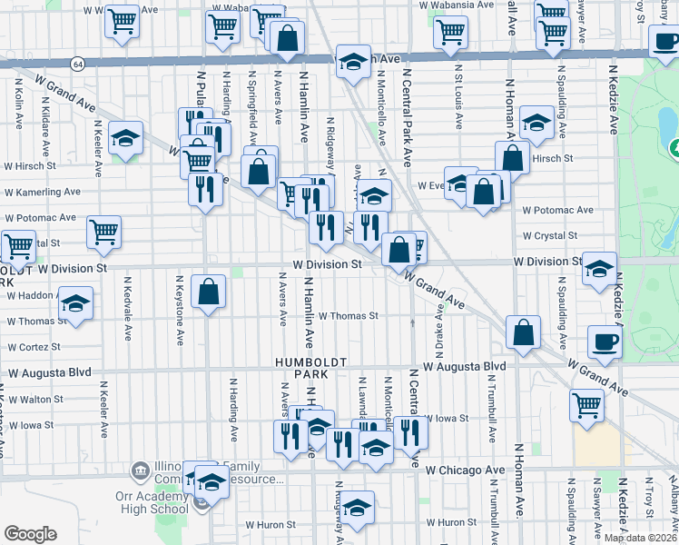 map of restaurants, bars, coffee shops, grocery stores, and more near 3725 West Division Street in Chicago