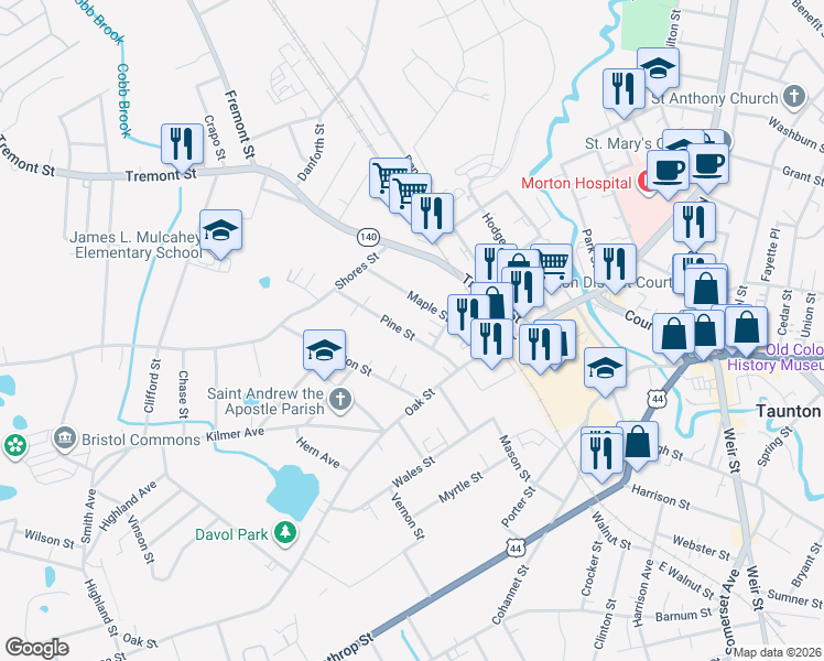 map of restaurants, bars, coffee shops, grocery stores, and more near 19 Pine Street in Taunton