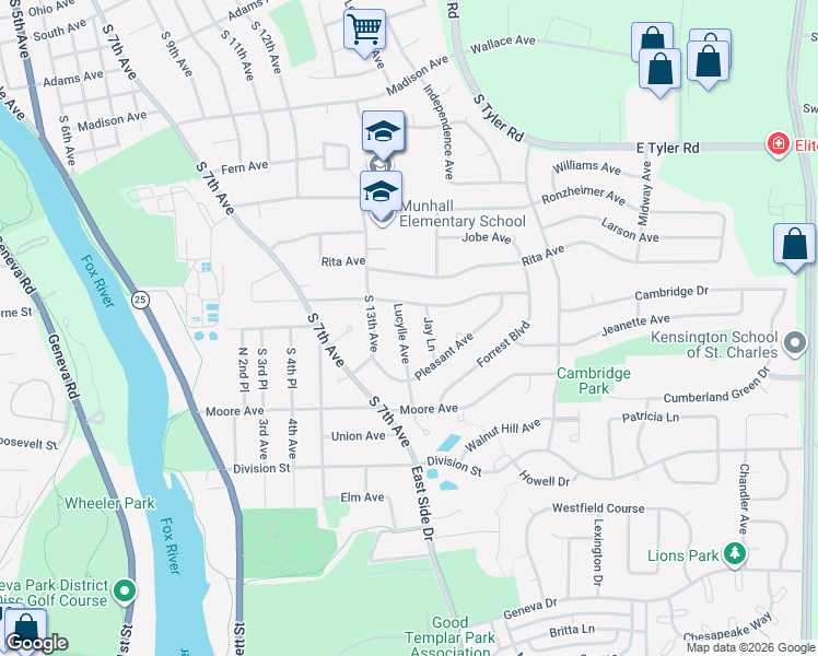 map of restaurants, bars, coffee shops, grocery stores, and more near 1611 Lucylle Avenue in St. Charles