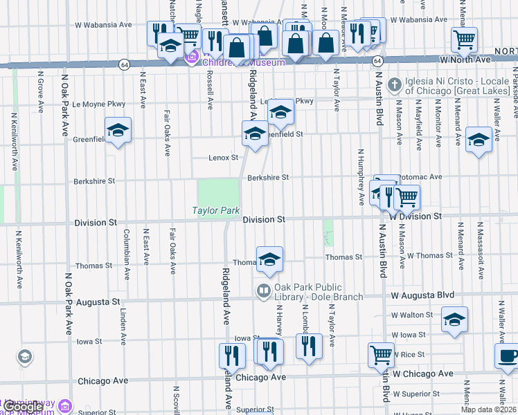 map of restaurants, bars, coffee shops, grocery stores, and more near 915 North Harvey Avenue in Oak Park