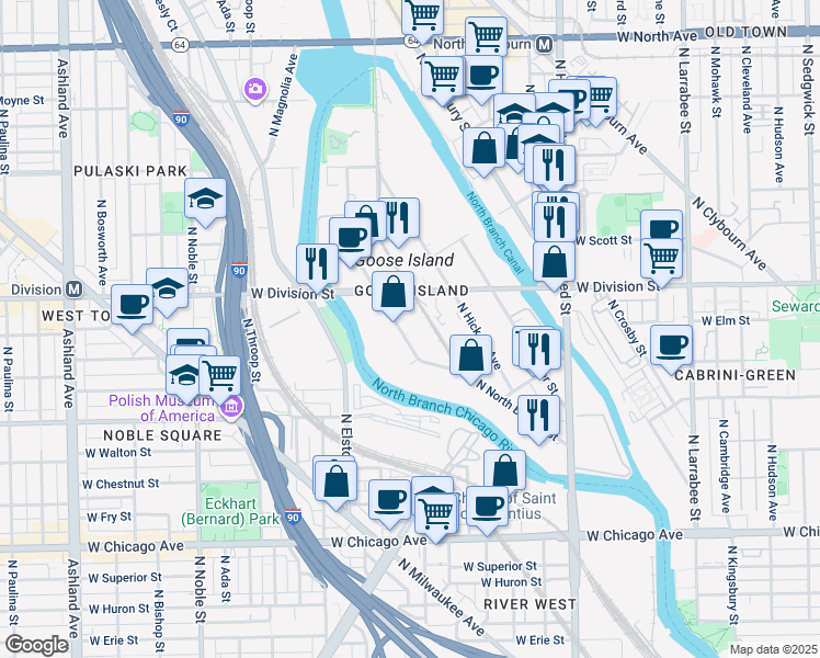 map of restaurants, bars, coffee shops, grocery stores, and more near 1135 North North Branch Street in Chicago