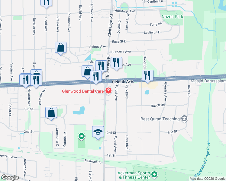 map of restaurants, bars, coffee shops, grocery stores, and more near 1N742 Forest Avenue in Glen Ellyn