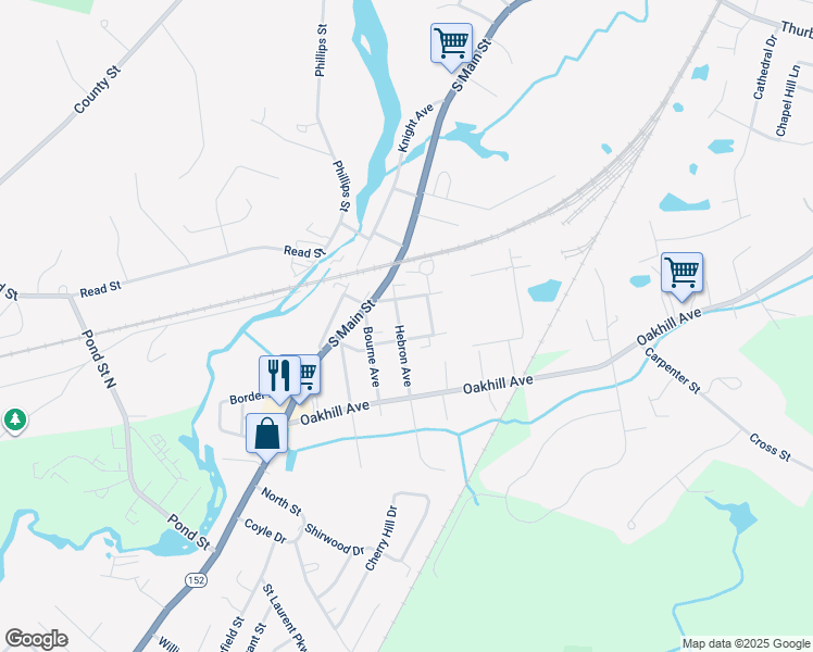 map of restaurants, bars, coffee shops, grocery stores, and more near 54 Hebron Avenue in Attleboro