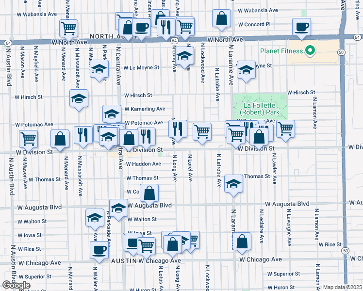map of restaurants, bars, coffee shops, grocery stores, and more near 5360 West Division Street in Chicago