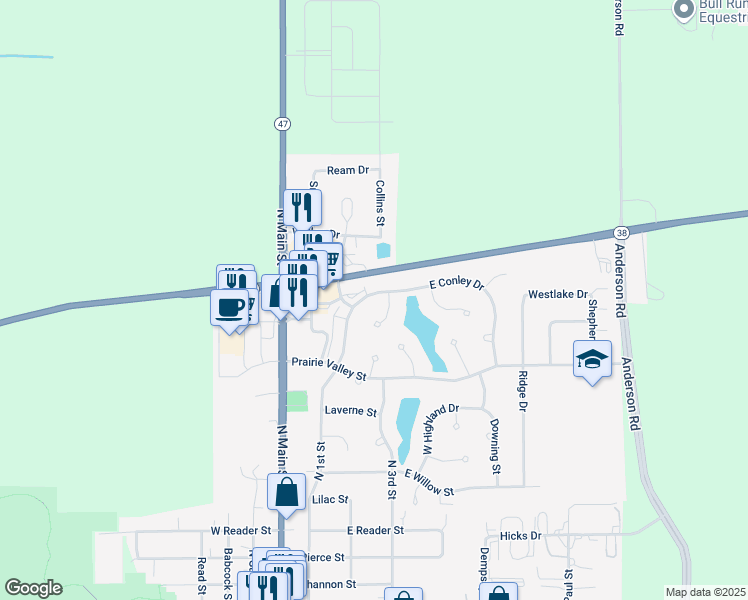 map of restaurants, bars, coffee shops, grocery stores, and more near 221 East Conley Drive in Elburn