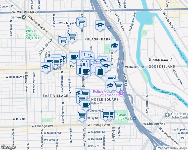 map of restaurants, bars, coffee shops, grocery stores, and more near 1515 West Haddon Avenue in Chicago