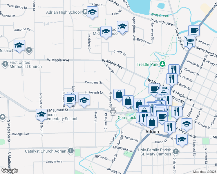 map of restaurants, bars, coffee shops, grocery stores, and more near 317 Greenly Street in Adrian