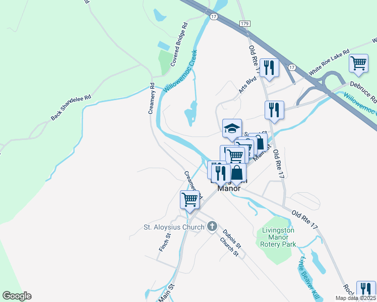 map of restaurants, bars, coffee shops, grocery stores, and more near 48 River Street in Livingston Manor