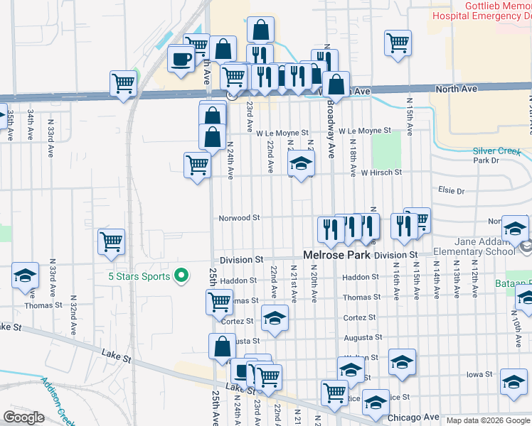 map of restaurants, bars, coffee shops, grocery stores, and more near 1600 North 22nd Avenue in Melrose Park