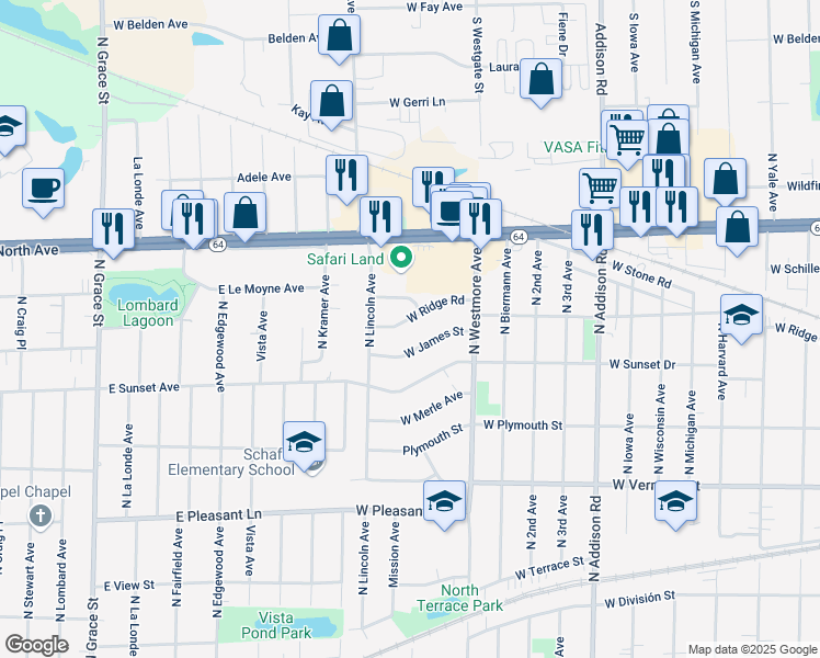 map of restaurants, bars, coffee shops, grocery stores, and more near 705 West Ridge Road in Villa Park