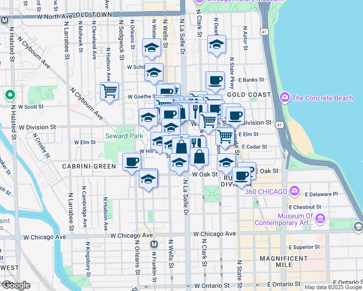 map of restaurants, bars, coffee shops, grocery stores, and more near 1120 North La Salle Drive in Chicago