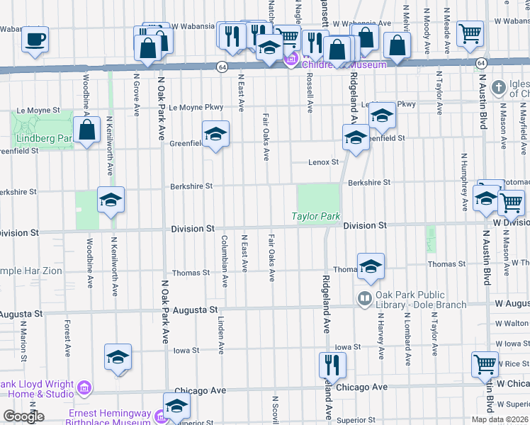 map of restaurants, bars, coffee shops, grocery stores, and more near 917 Fair Oaks Avenue in Oak Park