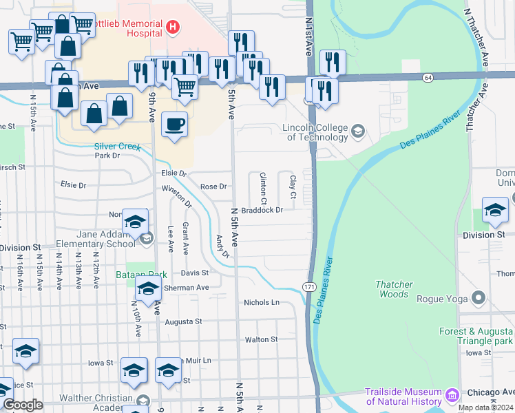 map of restaurants, bars, coffee shops, grocery stores, and more near 341 Braddock Drive in Melrose Park