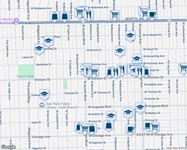 map of restaurants, bars, coffee shops, grocery stores, and more near 1215 North Mason Avenue in Chicago