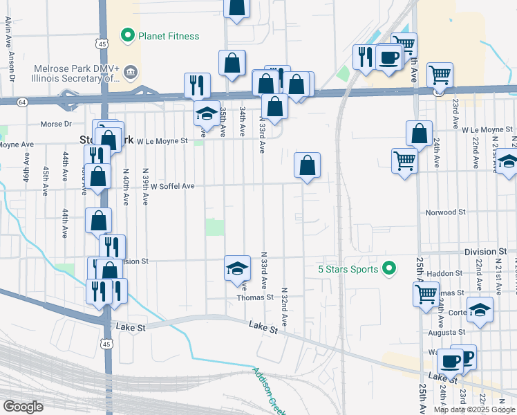 map of restaurants, bars, coffee shops, grocery stores, and more near 1612 North 33rd Avenue in Melrose Park