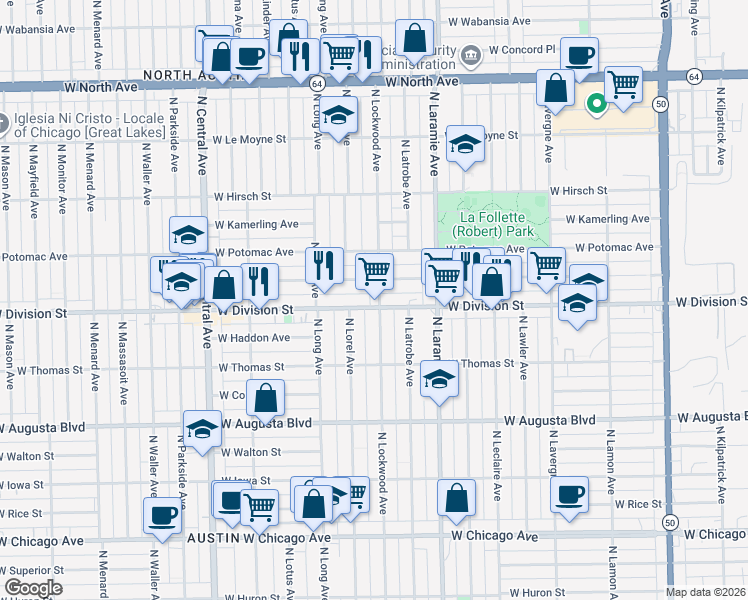 map of restaurants, bars, coffee shops, grocery stores, and more near 5300 West Division Street in Chicago