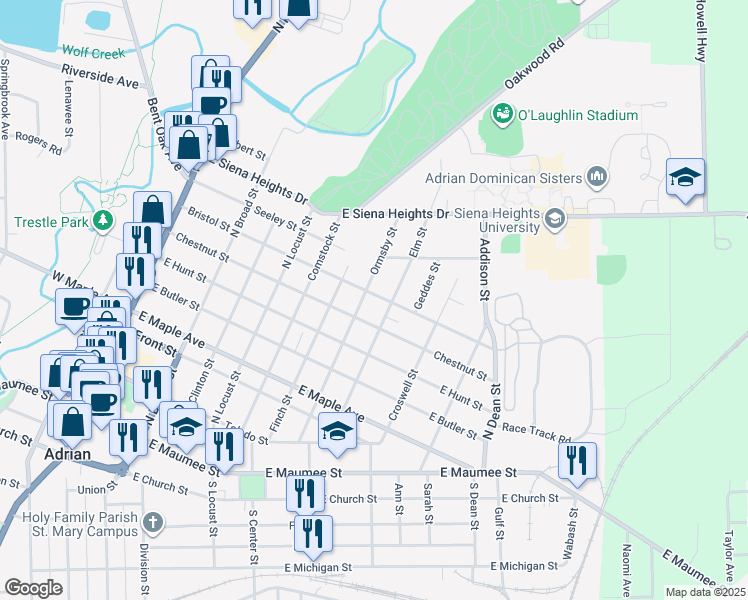 map of restaurants, bars, coffee shops, grocery stores, and more near 710 Bristol Street in Adrian