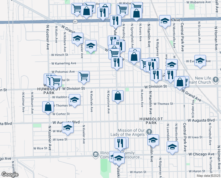 map of restaurants, bars, coffee shops, grocery stores, and more near 1157 North Keystone Avenue in Chicago