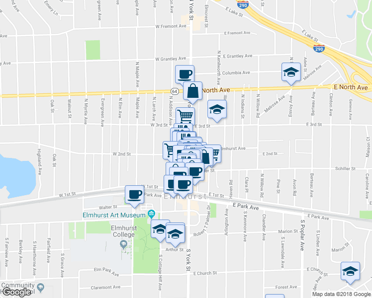 map of restaurants, bars, coffee shops, grocery stores, and more near 174 North York Street in Elmhurst