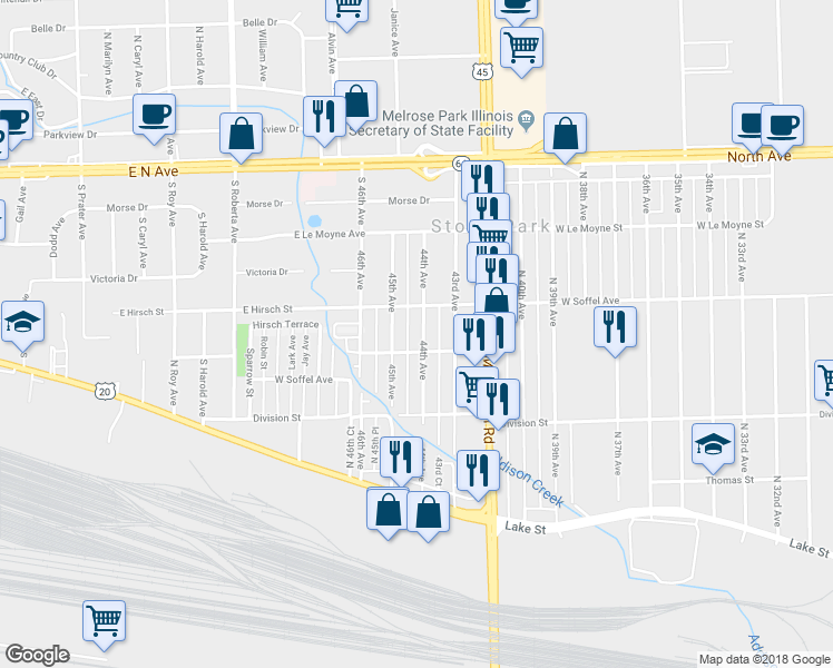 map of restaurants, bars, coffee shops, grocery stores, and more near 304 44th Avenue in Northlake