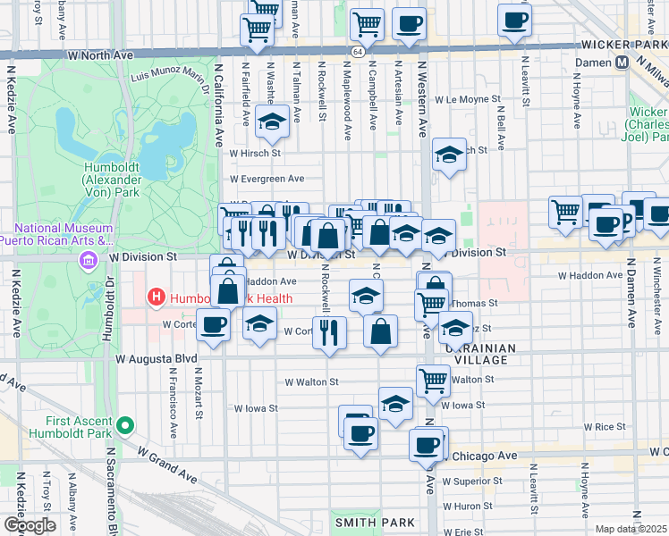 map of restaurants, bars, coffee shops, grocery stores, and more near 1145 North Rockwell Street in Chicago