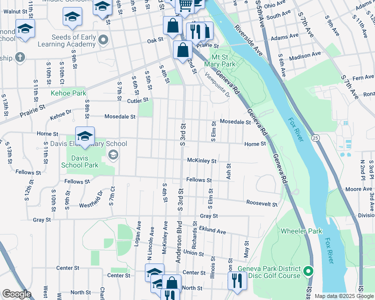 map of restaurants, bars, coffee shops, grocery stores, and more near 1116 South 3rd Street in St. Charles