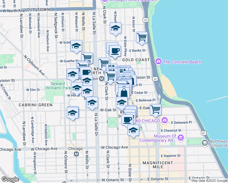 map of restaurants, bars, coffee shops, grocery stores, and more near 1122 North Dearborn Street in Chicago